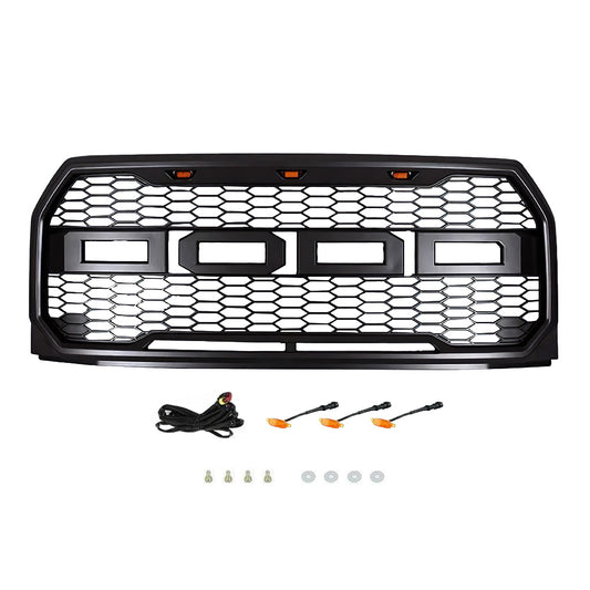 Front Grille Designed to Fit Ford F150 Raptor 2015 2016 2017, Aftermarket Front Grille with Lights and Letters, Matte Black