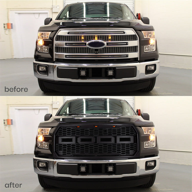 Front Grille Designed to Fit Ford F150 Raptor 2015 2016 2017, Aftermarket Front Grille with Lights and Letters, Matte Black