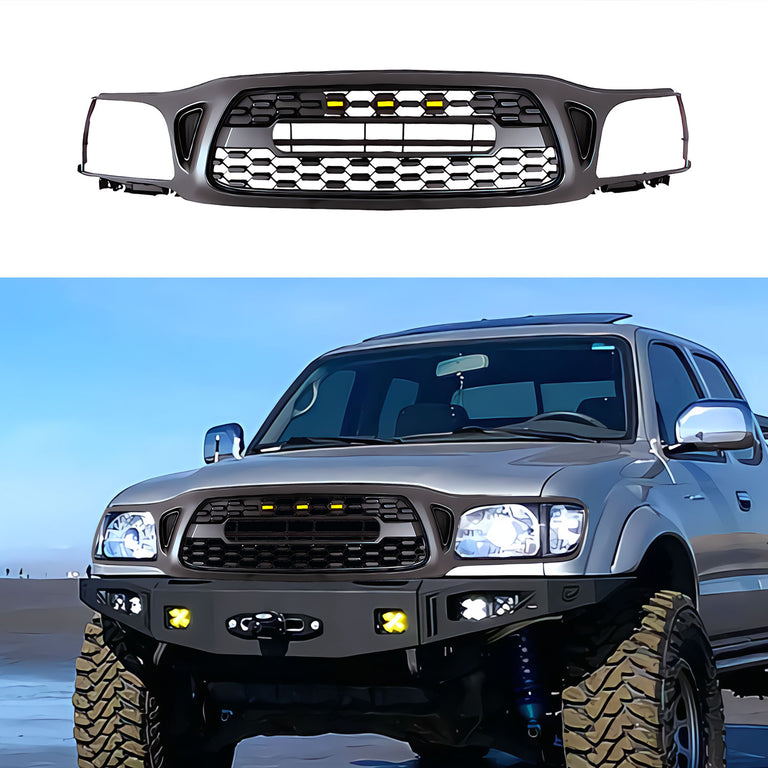 Front Grille For Toyota Tacoma 2001 2002 2003 2004, Aftermarket Front Grille with Letters and Lights, Matte Black