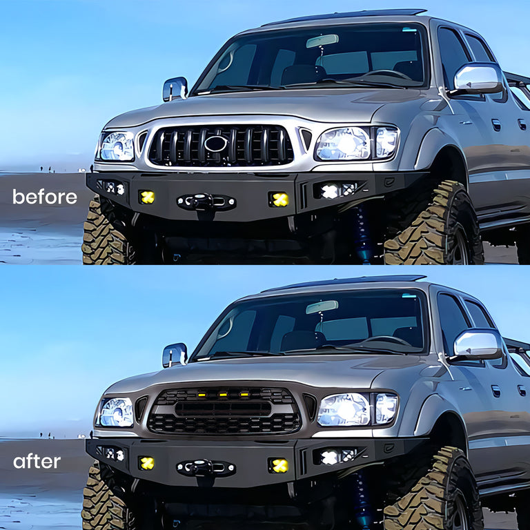 Front Grille For Toyota Tacoma 2001 2002 2003 2004, Aftermarket Front Grille with Letters and Lights, Matte Black