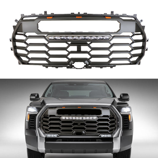 Front Grille For Toyota Tundra 2022 2023 2024 Trd Pro, Aftermarket Front Grille with Letters and Light Bar, Matte Black