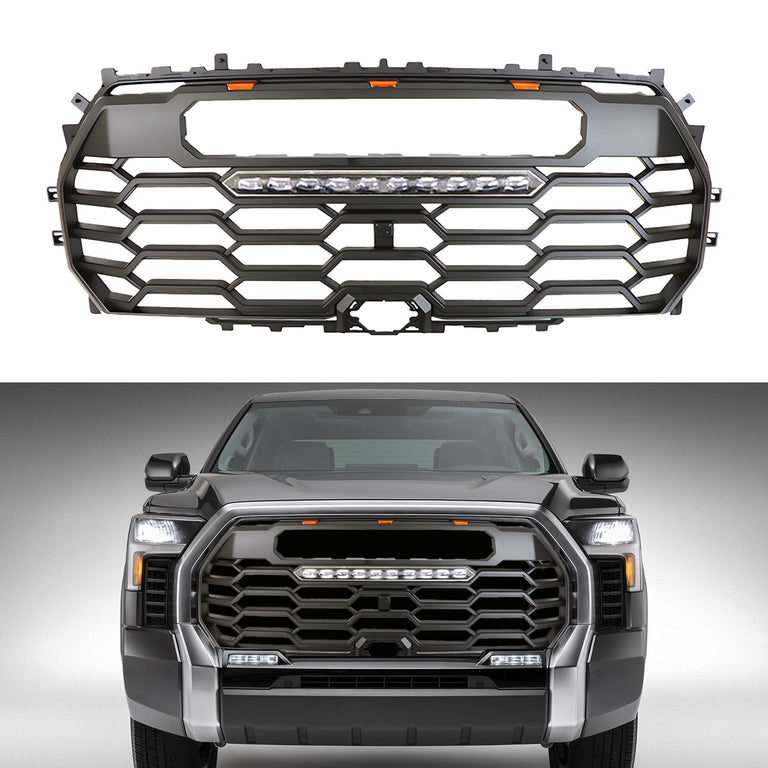 Front Grille For Toyota Tundra 2022 2023 2024 Trd Pro, Aftermarket Front Grille with Letters and Light Bar, Matte Black